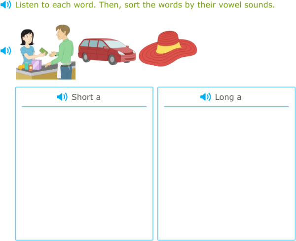 IXL | Sort short and long vowel words | Kindergarten English language arts